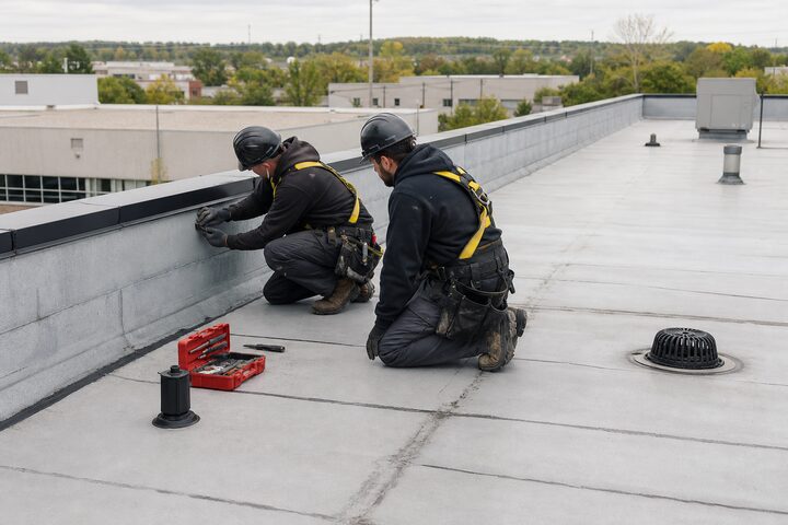 Roofing crew inspecting a commercial flat roof