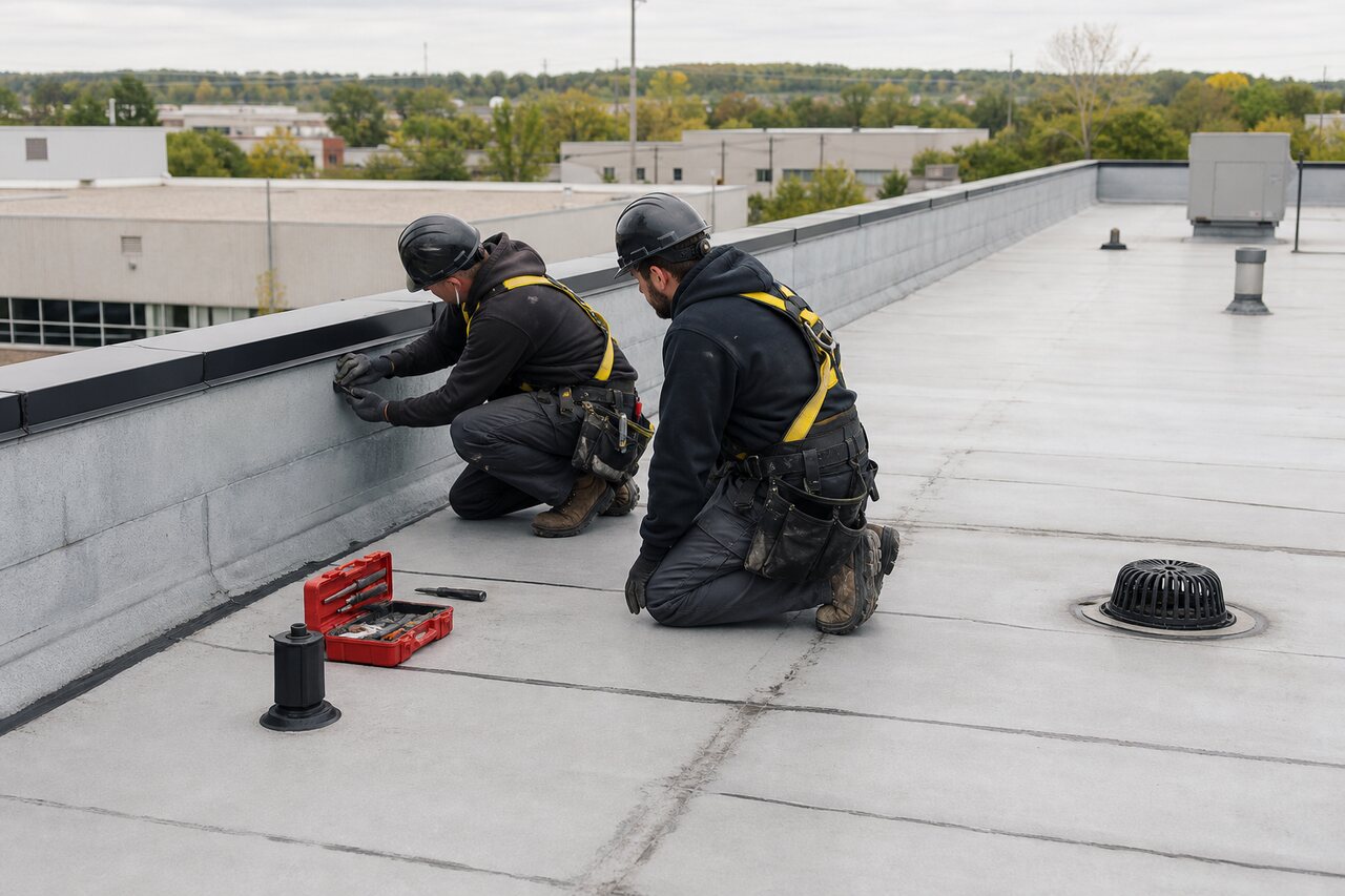 Commercial roofers inspecting a low-slope membrane roof